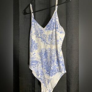 White Body Suit *Blue Pattern* - Button Clip